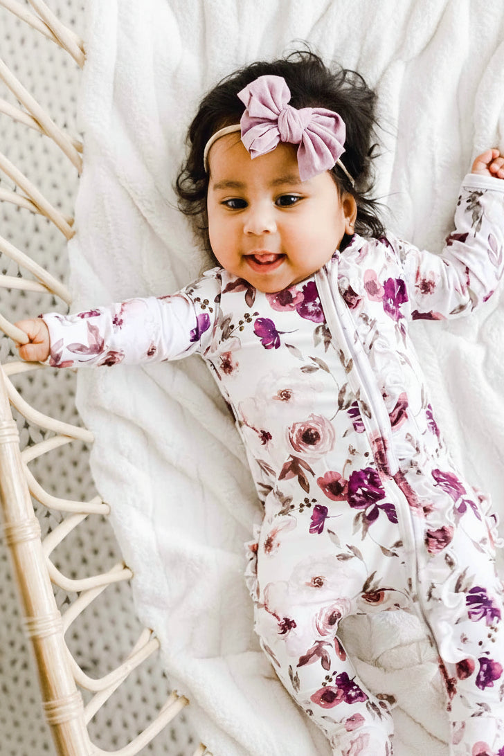 Caden Lane “Demi's Dusty Purple Floral” Ruffle Zipper Footie