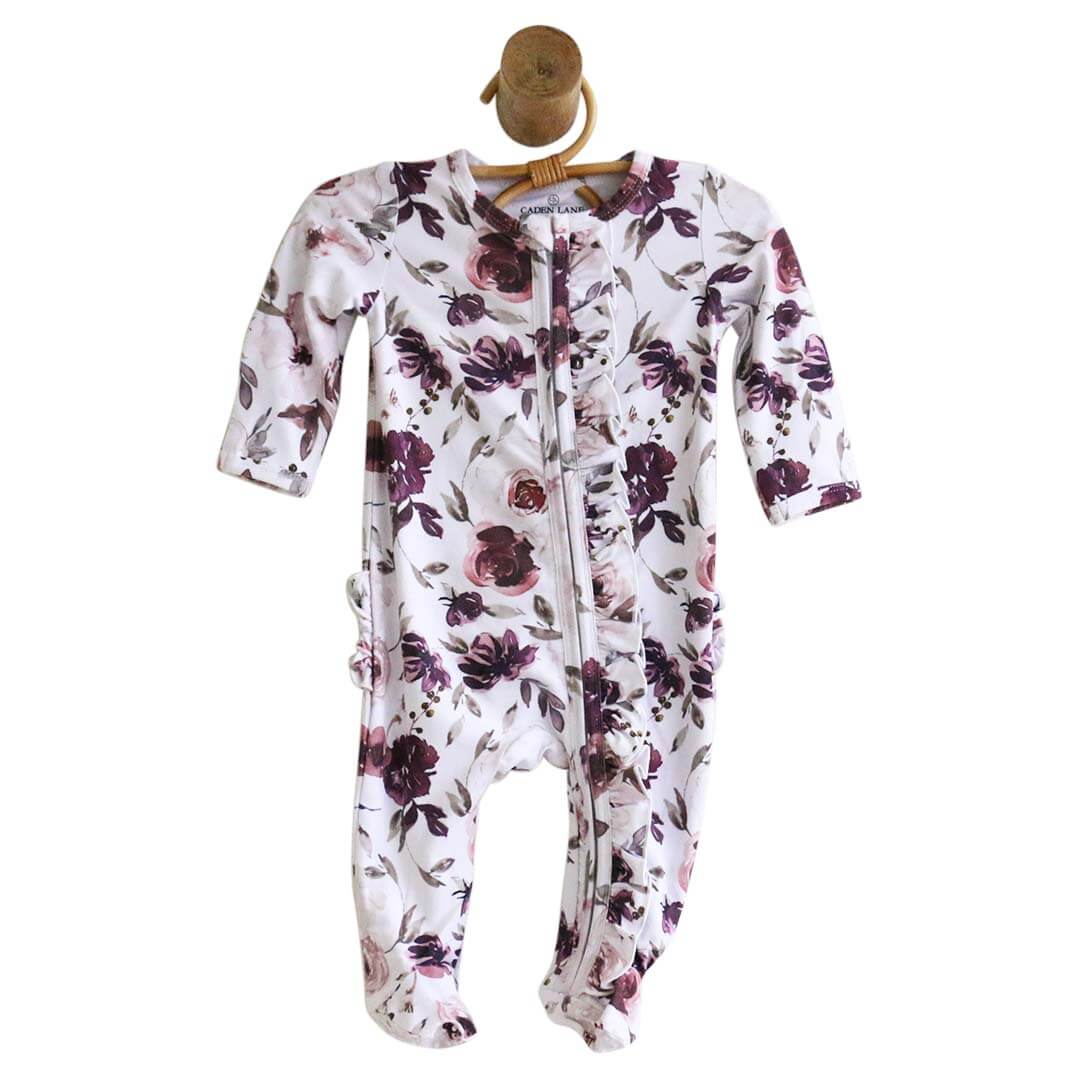 Caden Lane “Demi's Dusty Purple Floral” Ruffle Zipper Footie