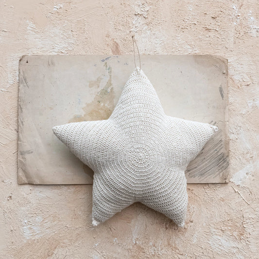 Recycled Cotton Crocheted Star Shaped Pillow-Cream