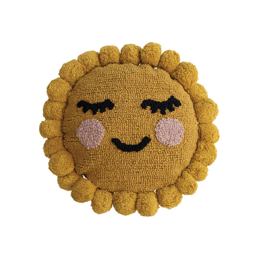 Cotton Tufted Sun Shaped Pillow w/Face-Golden Yellow