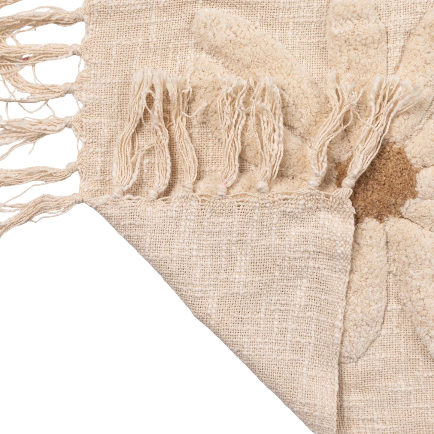 Creative Co-op Cotton Slub Throw with Tufted Flowers & Fringe-Natural & Tan Color