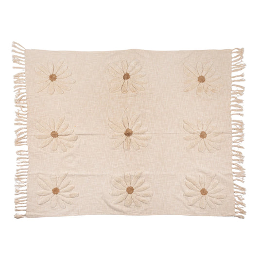 Creative Co-op Cotton Slub Throw with Tufted Flowers & Fringe-Natural & Tan Color