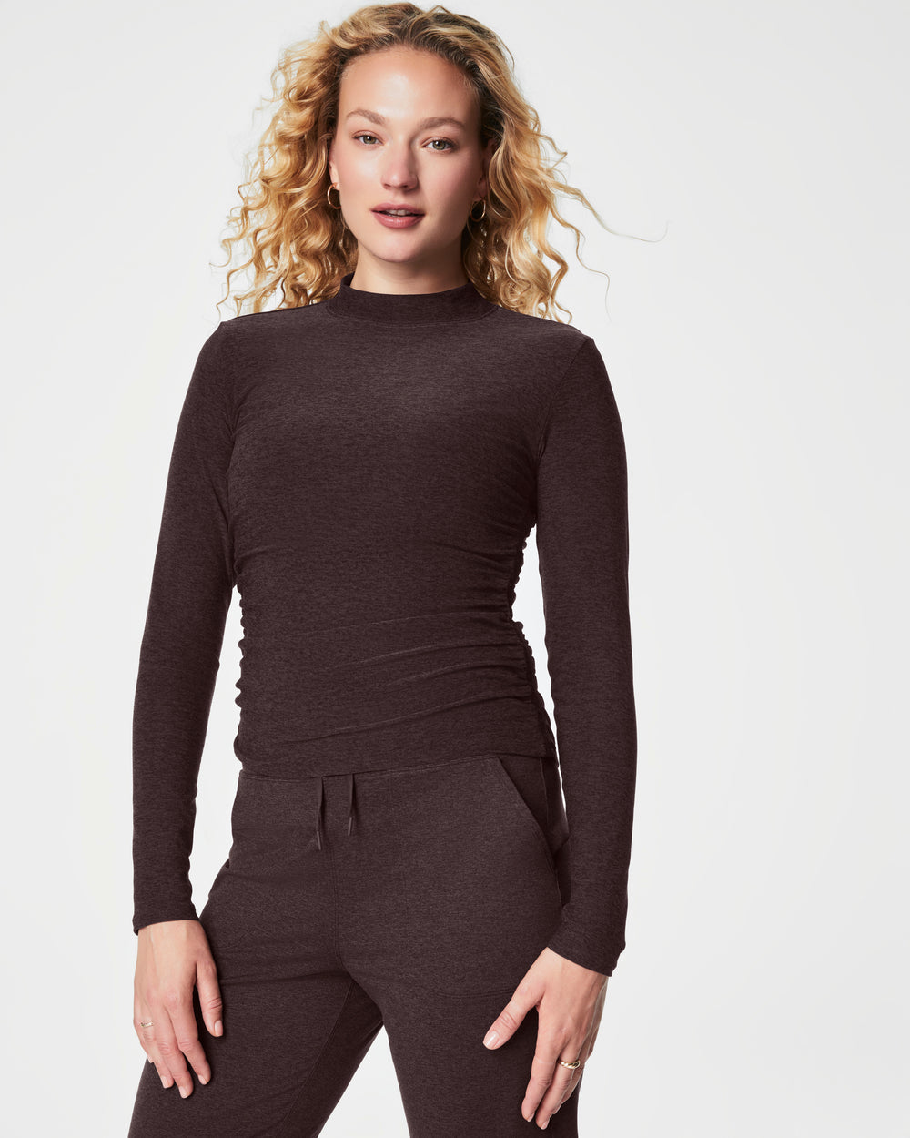 Spanx SPANX® SoftStretch Long Sleeve Mockneck Top- Truffle Brown Heather