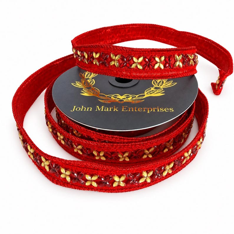 John Mark Enterprises Ribbon- Jeweled Trim Metallic Dupion -Red