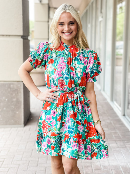 THML Maizy S/S Floral Dress-Teal