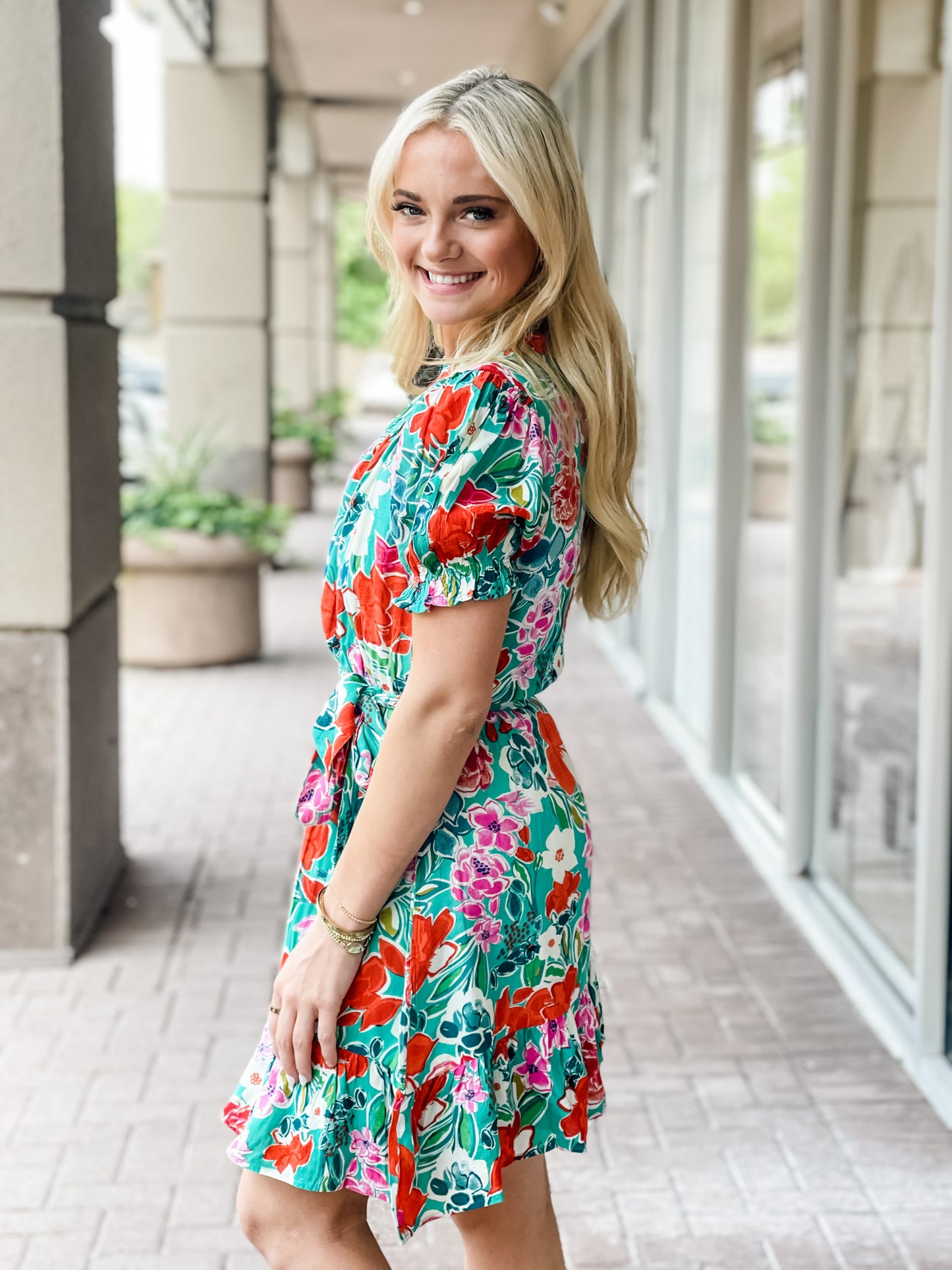 THML Maizy S/S Floral Dress-Teal