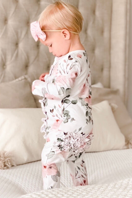 Caden Lane “Millie's Dusty Rose Floral” Ruffle Zipper Footie