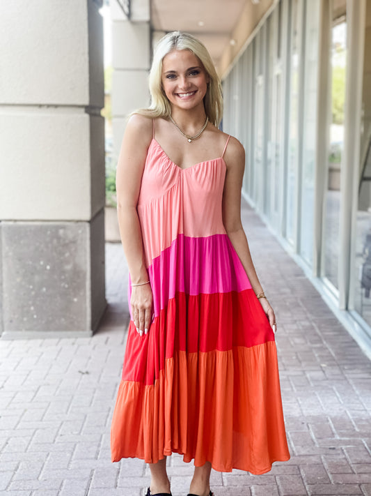 Lucy Paris Positano Color Block Dress  - Pink/Orange