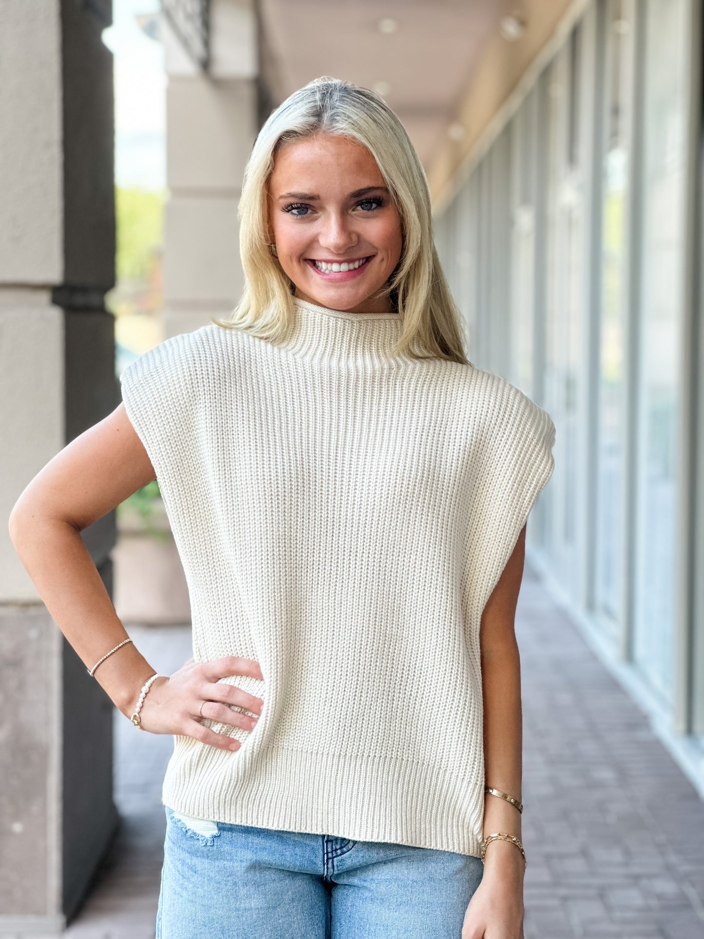 Sofie the Label “Sly” Padded Shoulder Sweater Vest - Ecru