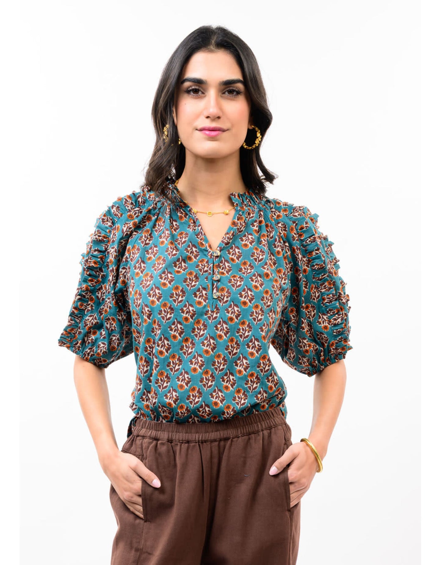 Ivy Jane Ruffled Sleeve Top-Turquoise