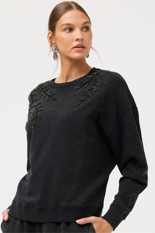 Johnny Was French Terry Beaded Sweatshirt - Charcoal Heather