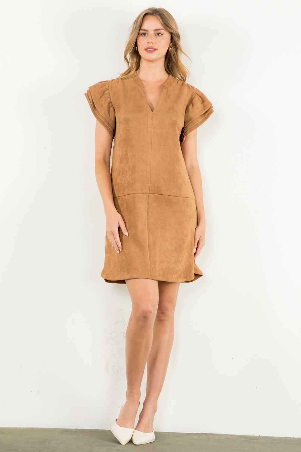 THML Maggie Flutter Sleeve Suede Dress-Camel