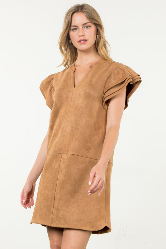 THML Maggie Flutter Sleeve Suede Dress-Camel