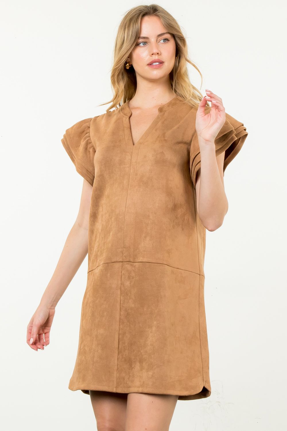 THML Maggie Flutter Sleeve Suede Dress-Camel