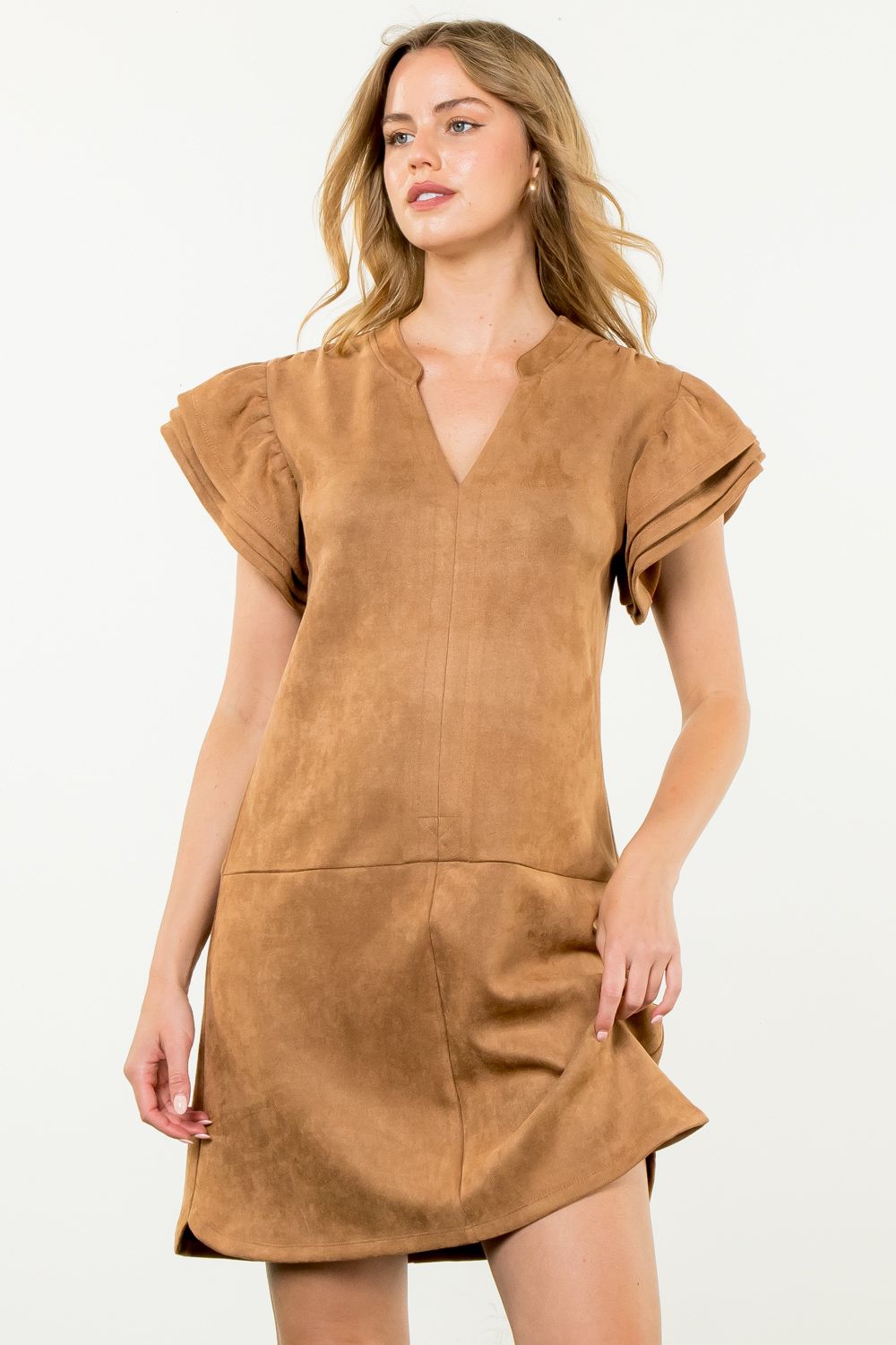 THML Maggie Flutter Sleeve Suede Dress-Camel