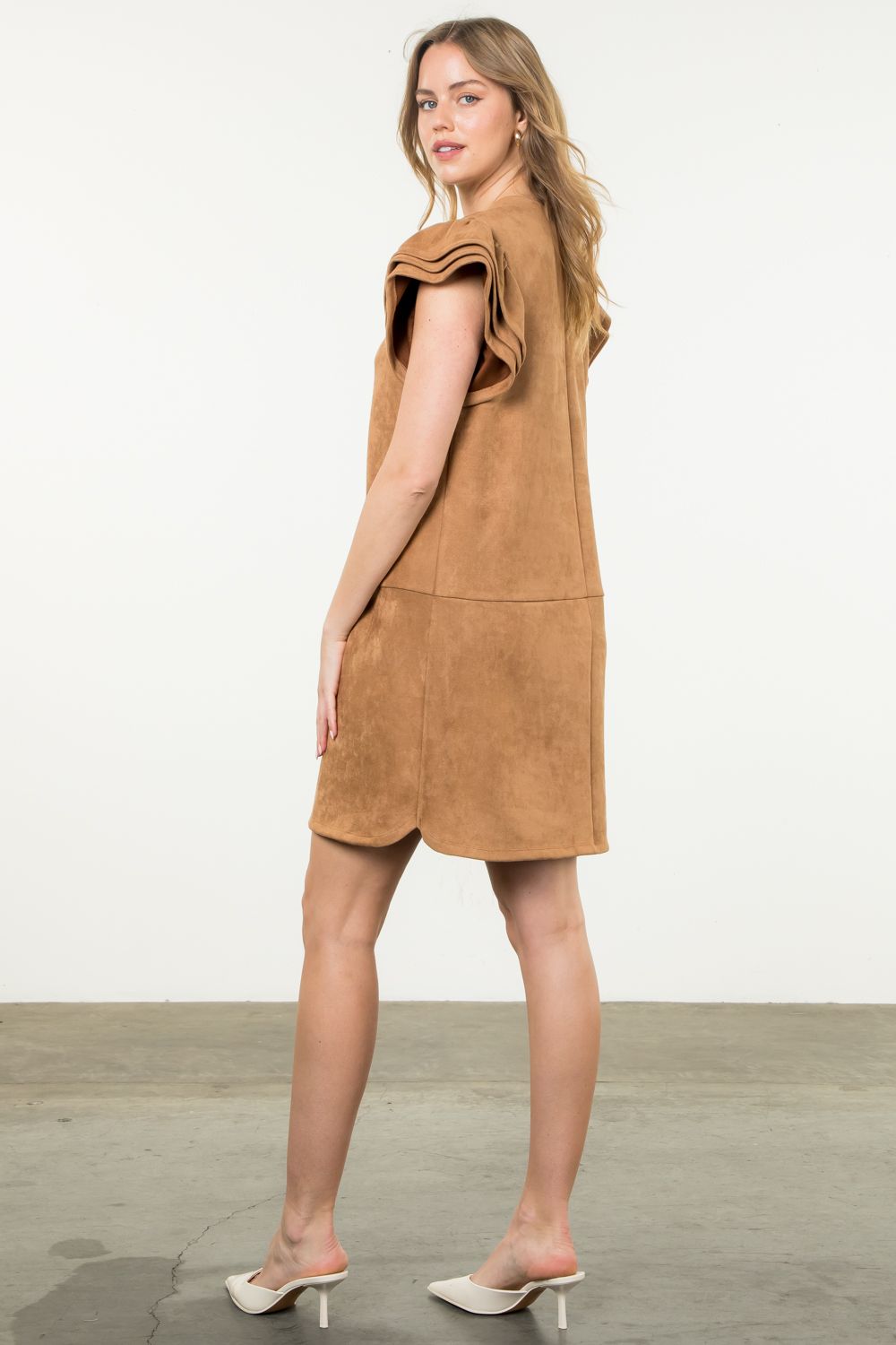 THML Maggie Flutter Sleeve Suede Dress-Camel