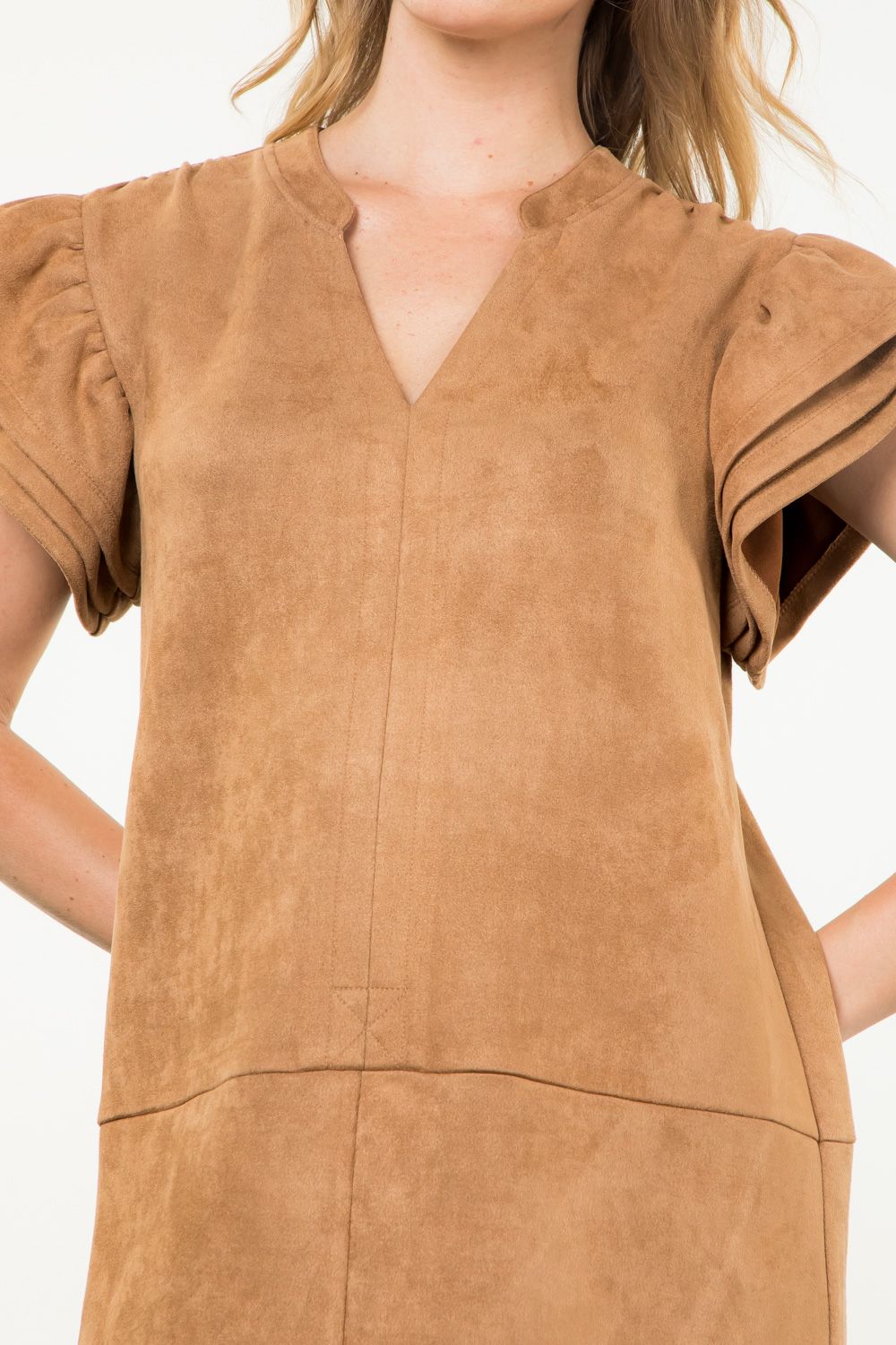 THML Maggie Flutter Sleeve Suede Dress-Camel