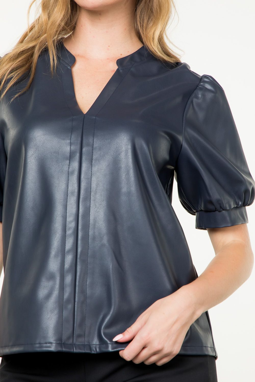 THML "Harrison" Puff Sleeve Faux Leather Top- Navy