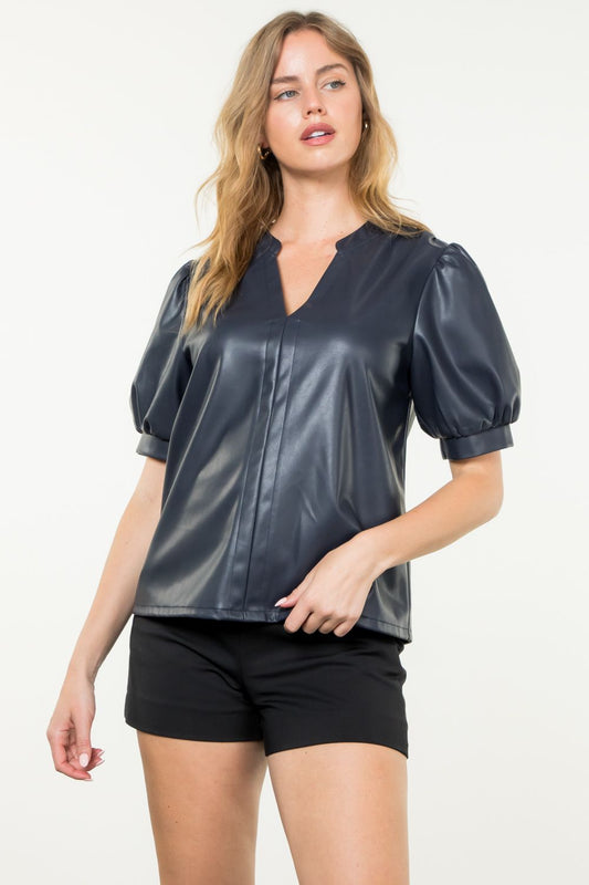 THML "Harrison" Puff Sleeve Faux Leather Top- Navy