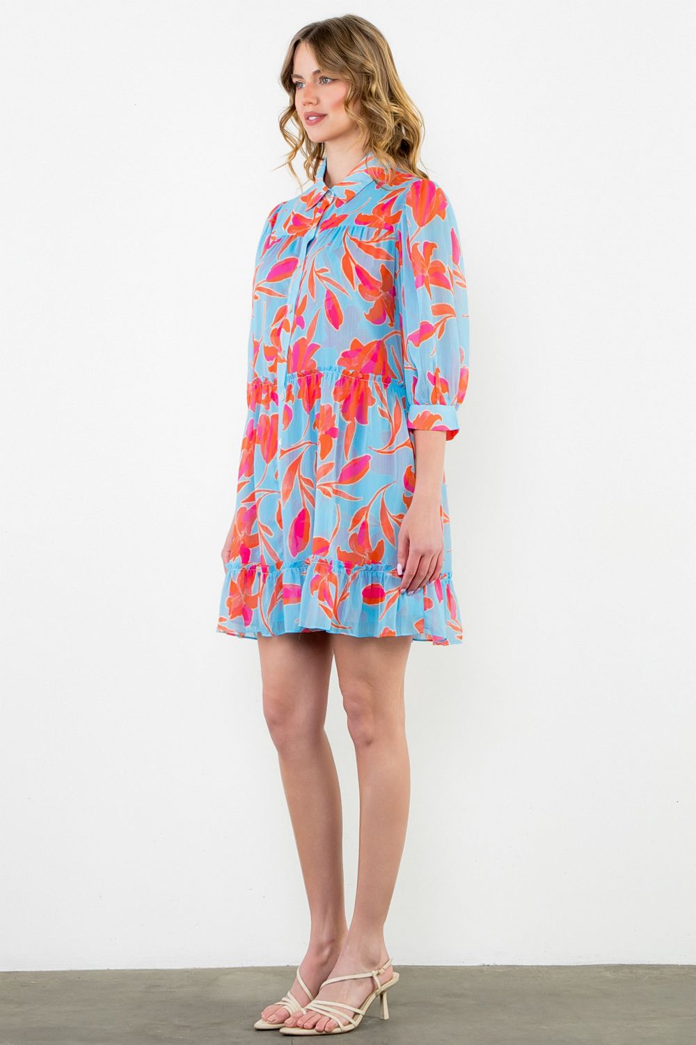 THML "Delphine" L/S Flower Button Up Dress- Cornflower