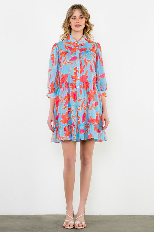 THML "Delphine" L/S Flower Button Up Dress- Cornflower