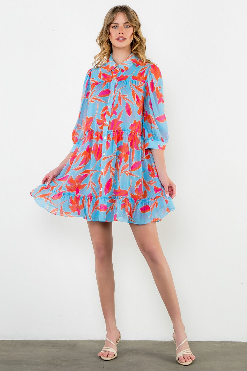 THML "Delphine" L/S Flower Button Up Dress- Cornflower