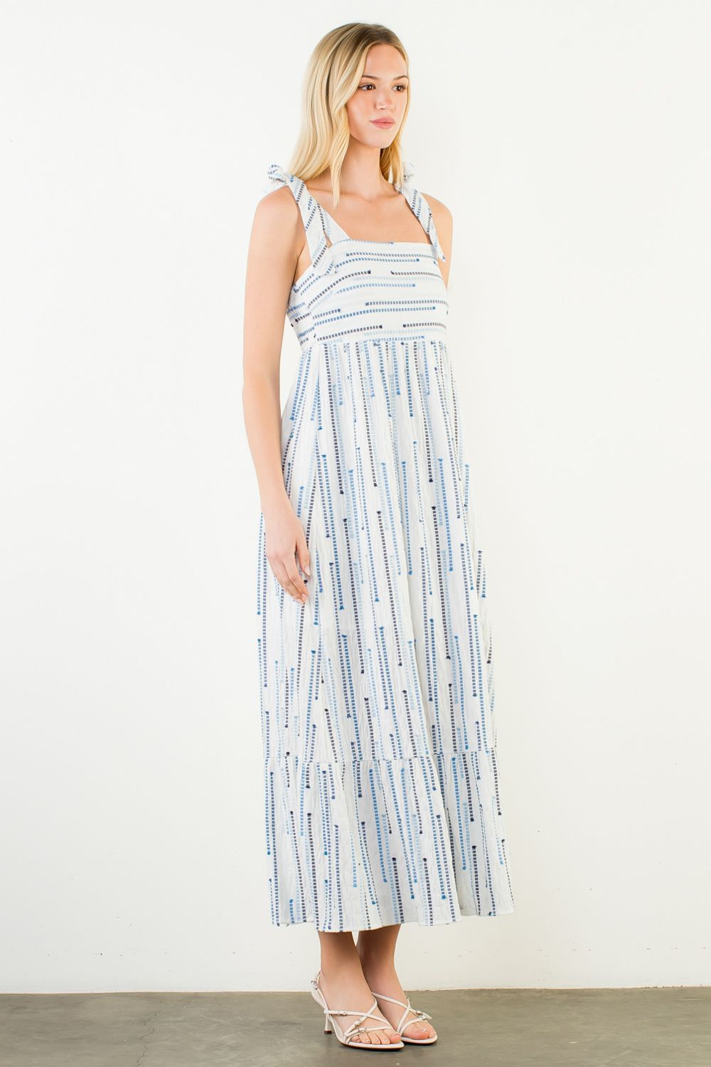 THML "Carolina" Tie Strap Print Maxi Dress-White/Blue