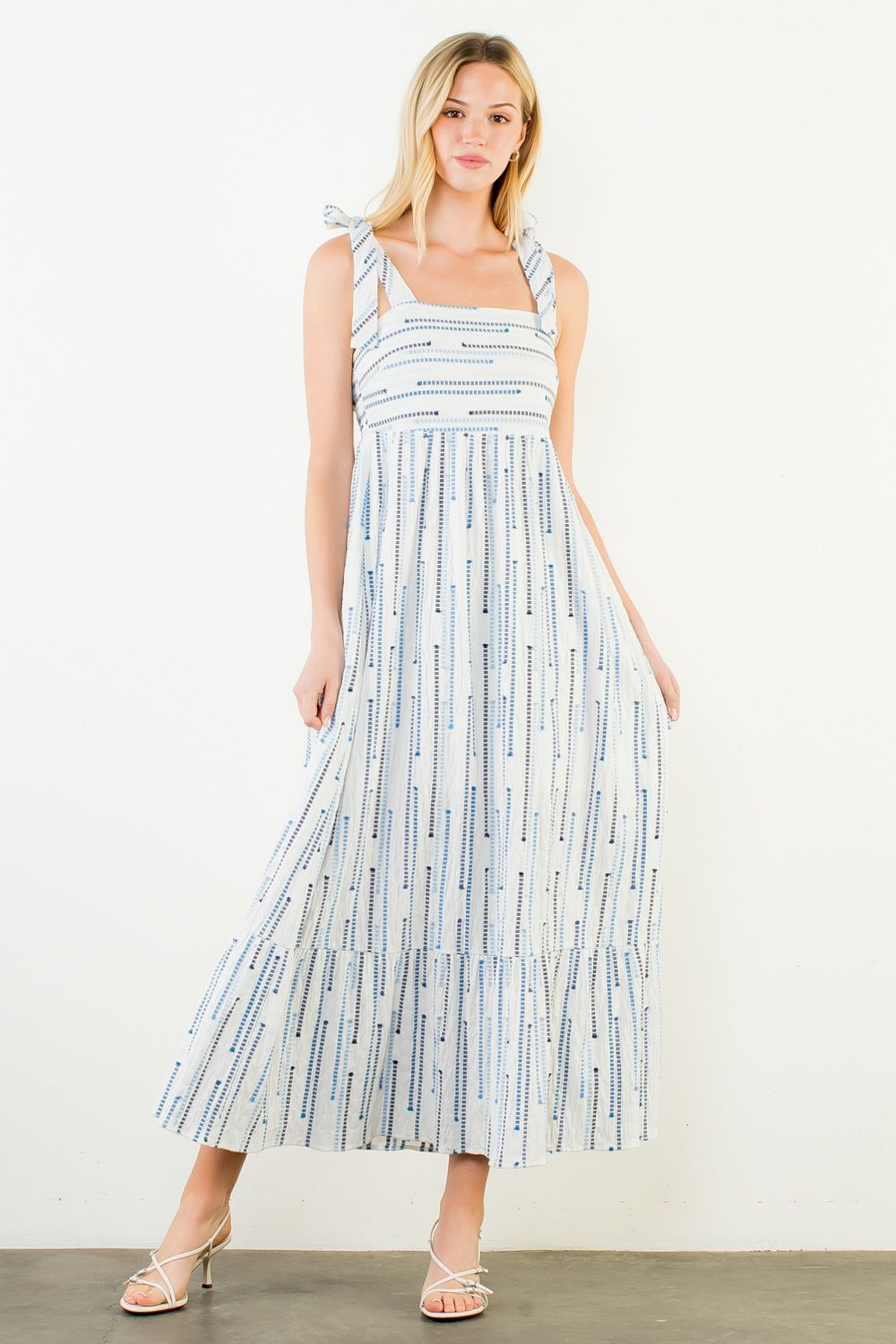THML "Carolina" Tie Strap Print Maxi Dress-White/Blue