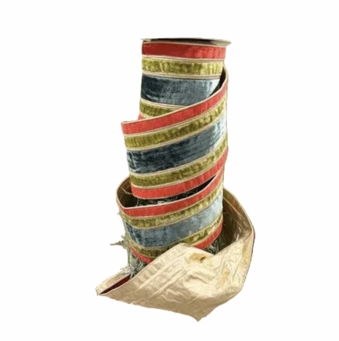 John Mark Enterprises Ribbon- Velvet Striped Metallic Dupion DBL Fused-Red/Apple/Green