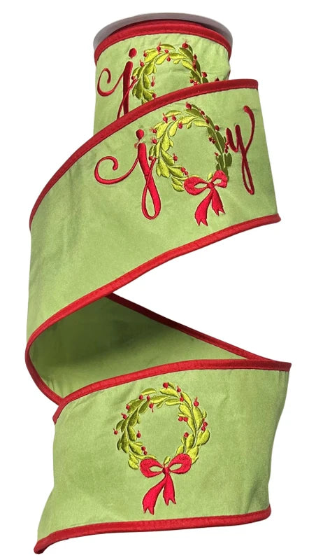 John Mark Enterprises Ribbon- Embroidered JOY Wreath Taffeta Fused-Green