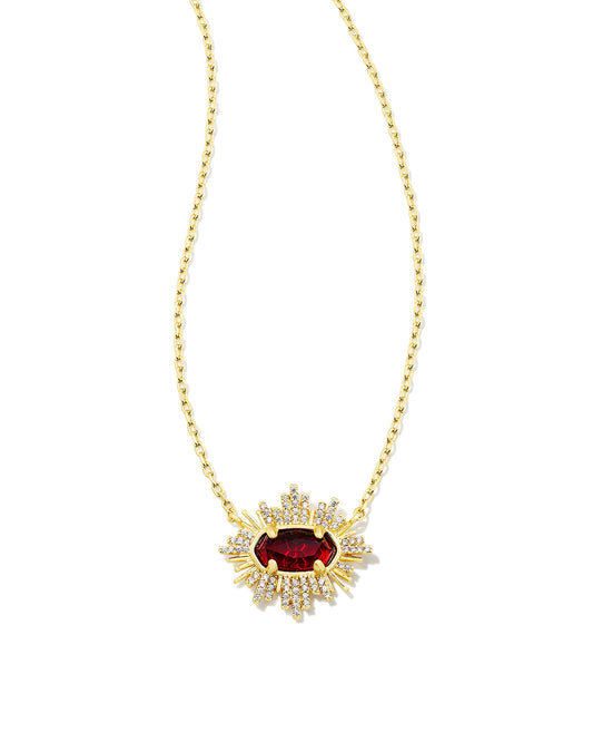 Kendra Scott Grayson Sunburst Frame Short Pendant Necklace-Gold Red Glass