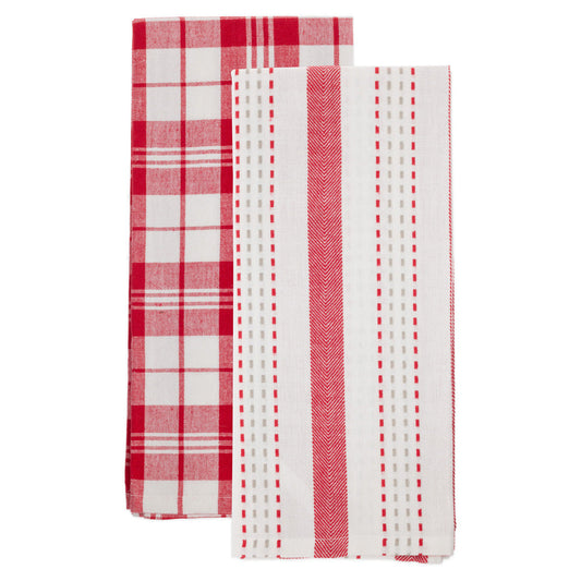 Boston International "Red Stripe & Plaid" Tea Towels -Set of 2