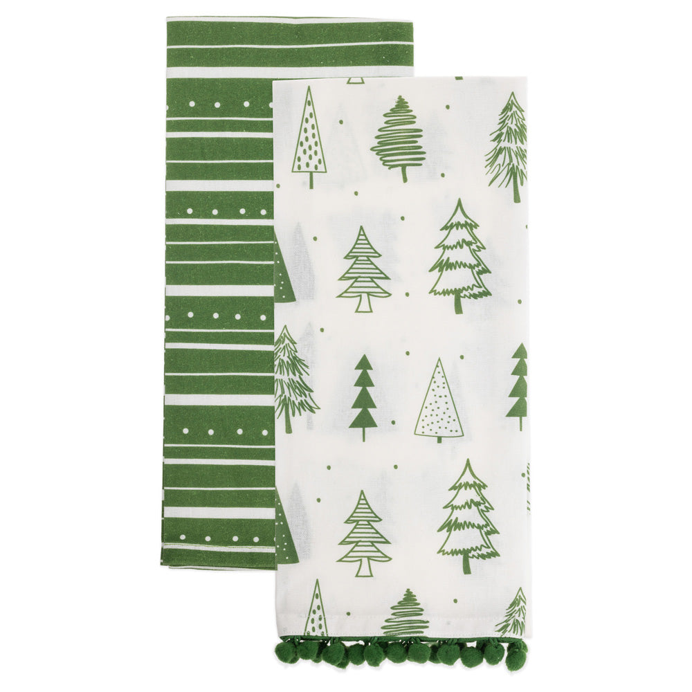 Boston International "Green Trees & Stripes" Tea Towels -Set of 2