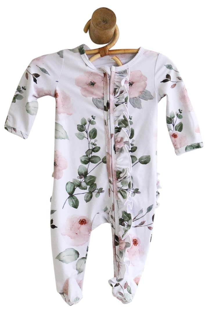Caden Lane “Millie's Dusty Rose Floral” Ruffle Zipper Footie