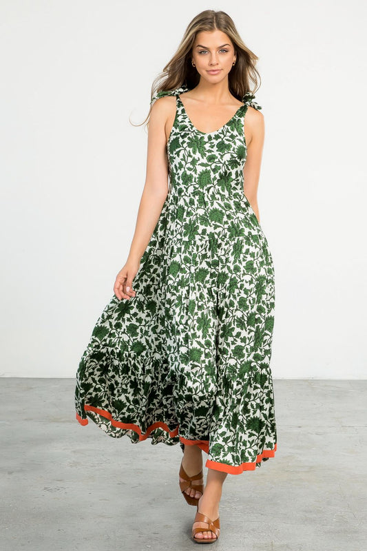 THML "Mia" Tie Straps Maxi  Dress-Green