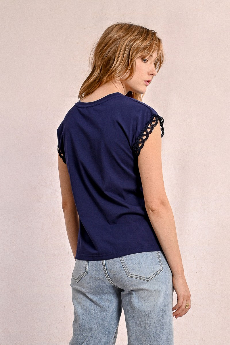 Molly Bracken “Indie” Openwork Sleeve Tee - Navy