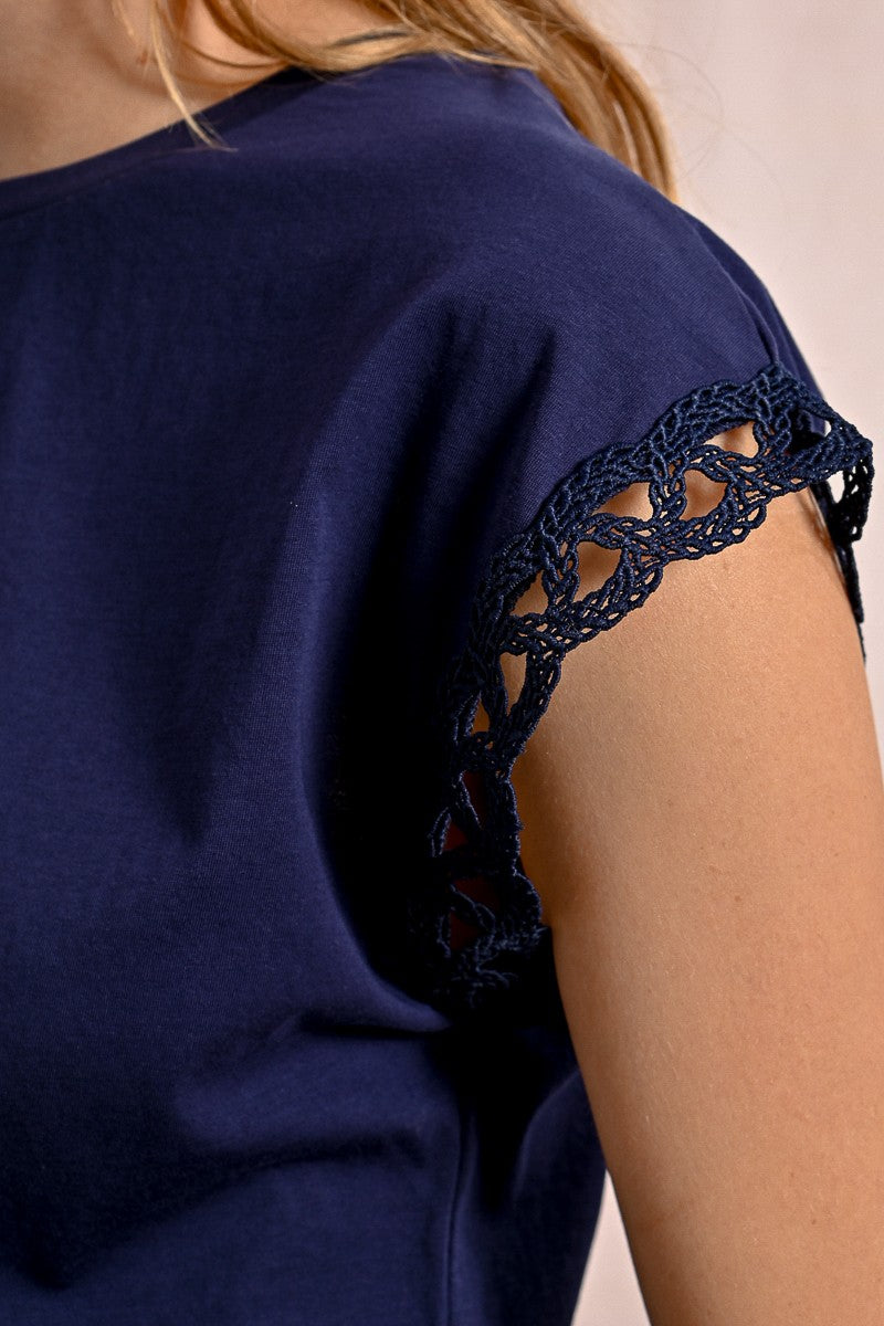 Molly Bracken “Indie” Openwork Sleeve Tee - Navy