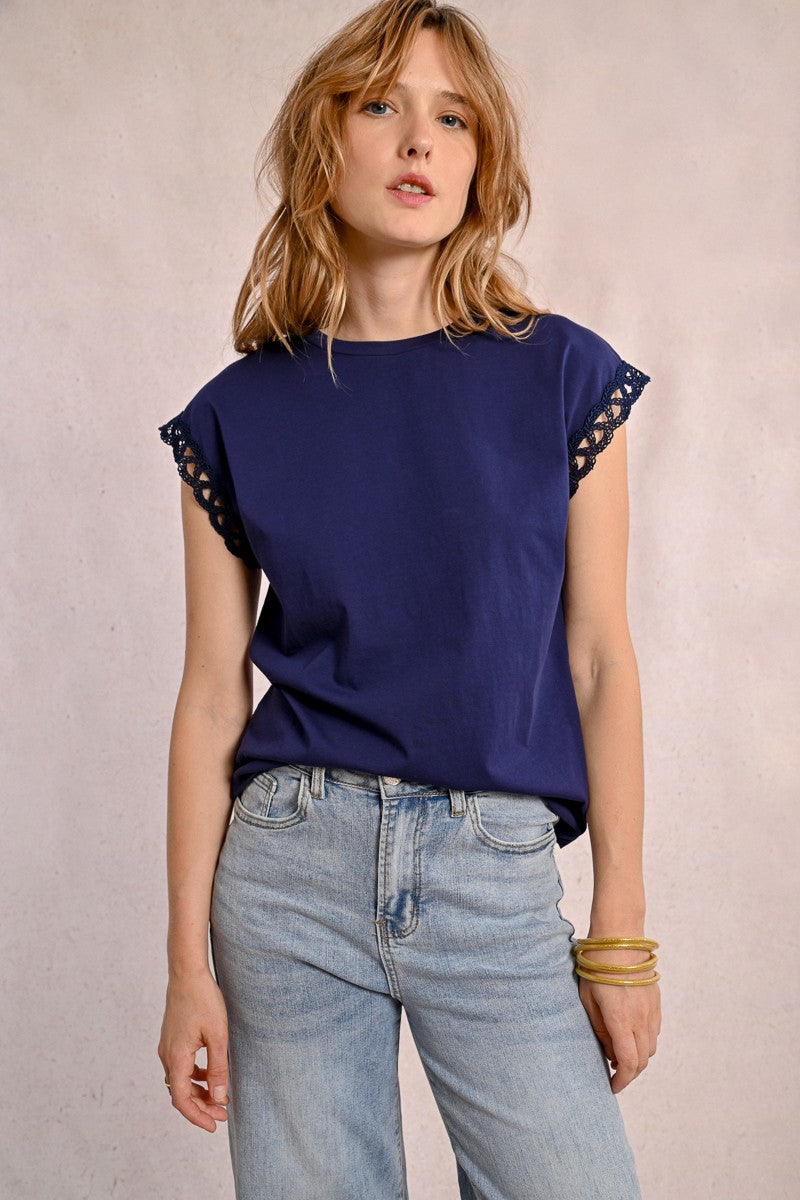 Molly Bracken “Indie” Openwork Sleeve Tee - Navy