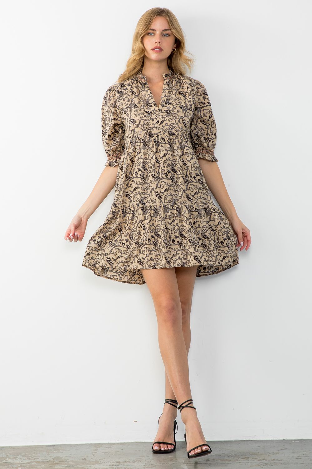 THML Short Sleeve Tiered Print Dress-Beige
