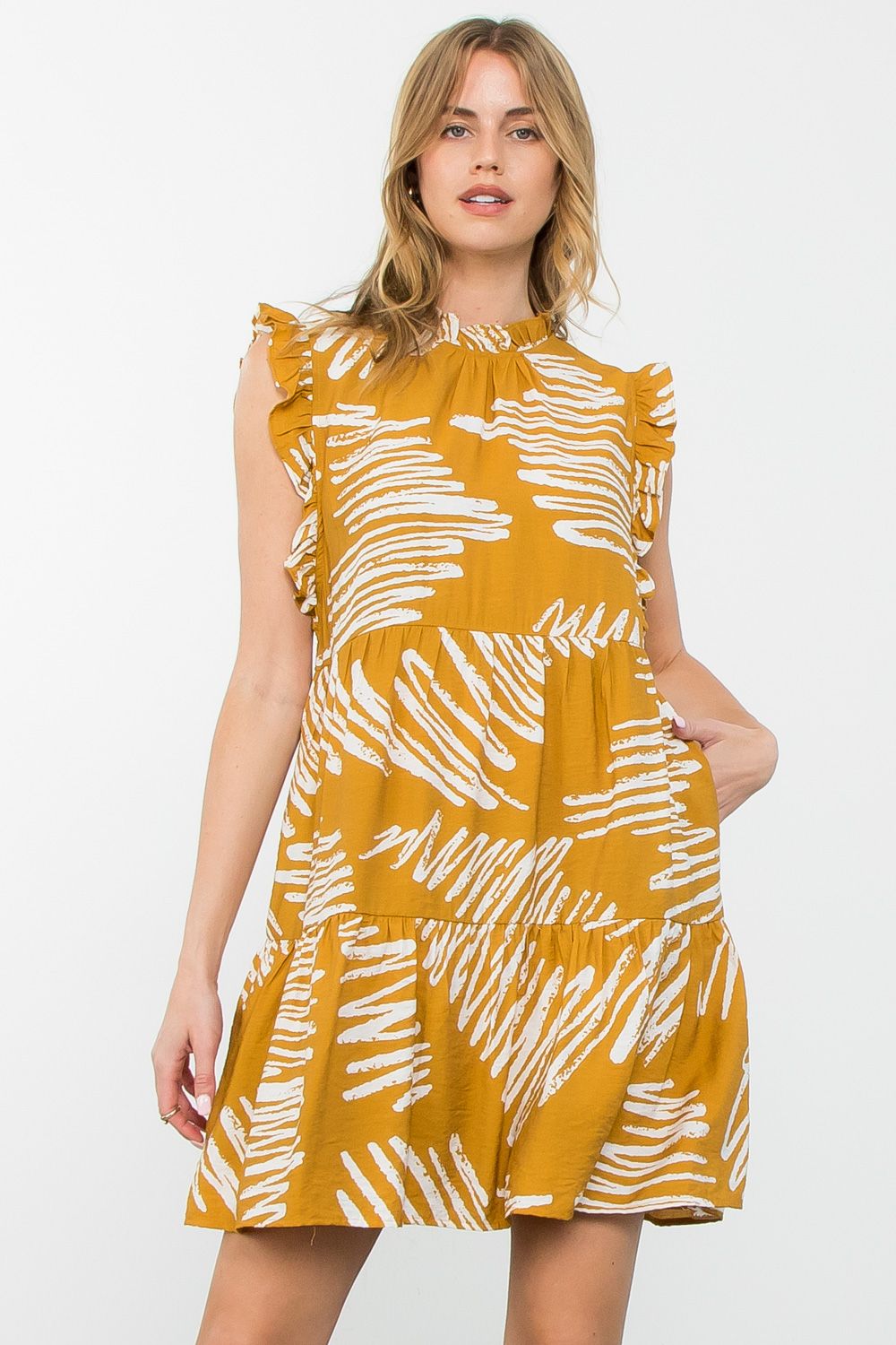 THML "Allie" Flutter Sleeve Tiered Dress-Mustard