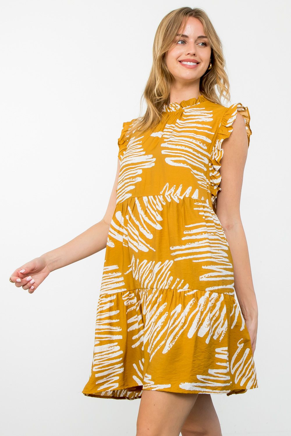 THML "Allie" Flutter Sleeve Tiered Dress-Mustard