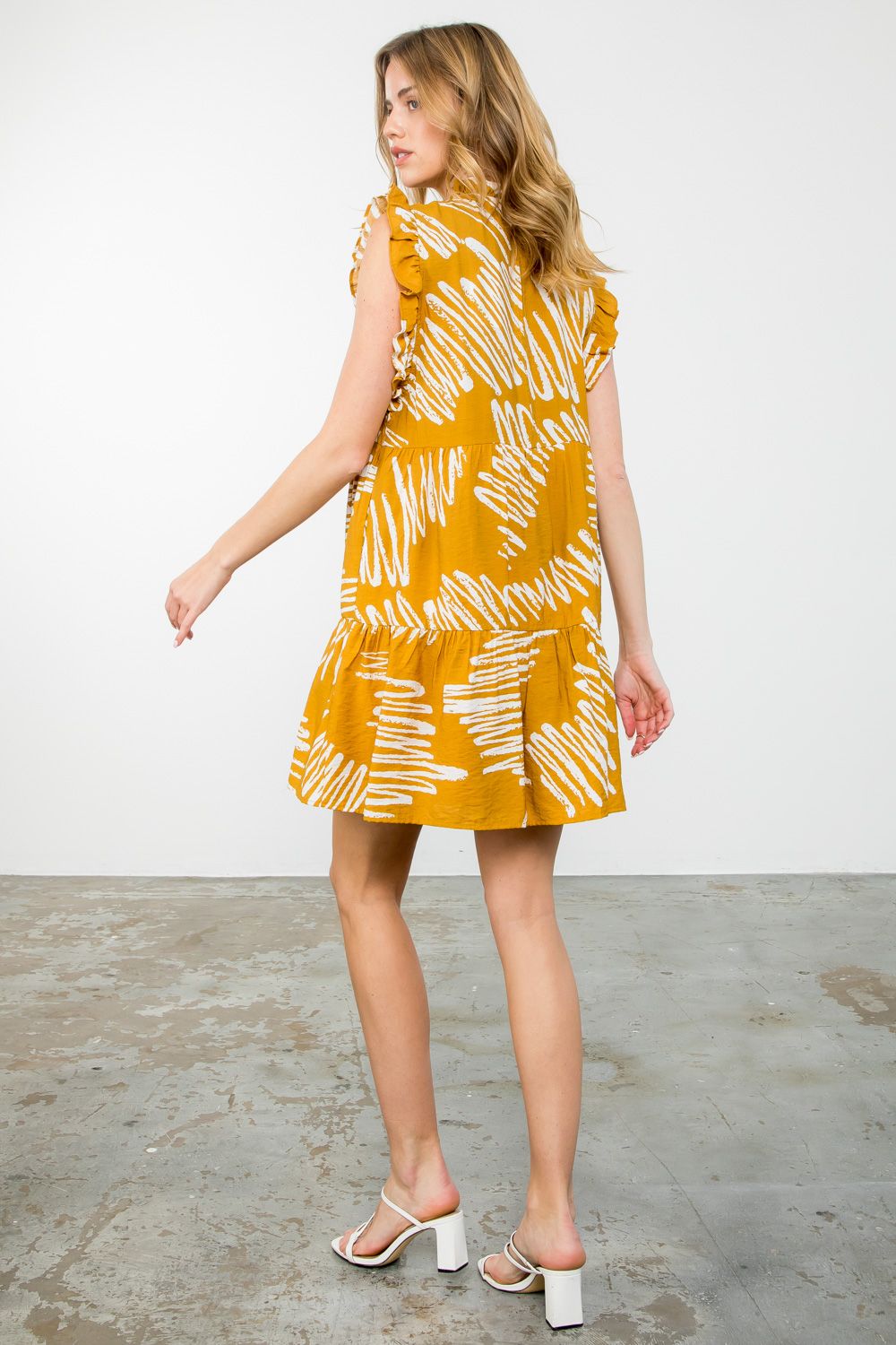 THML "Allie" Flutter Sleeve Tiered Dress-Mustard