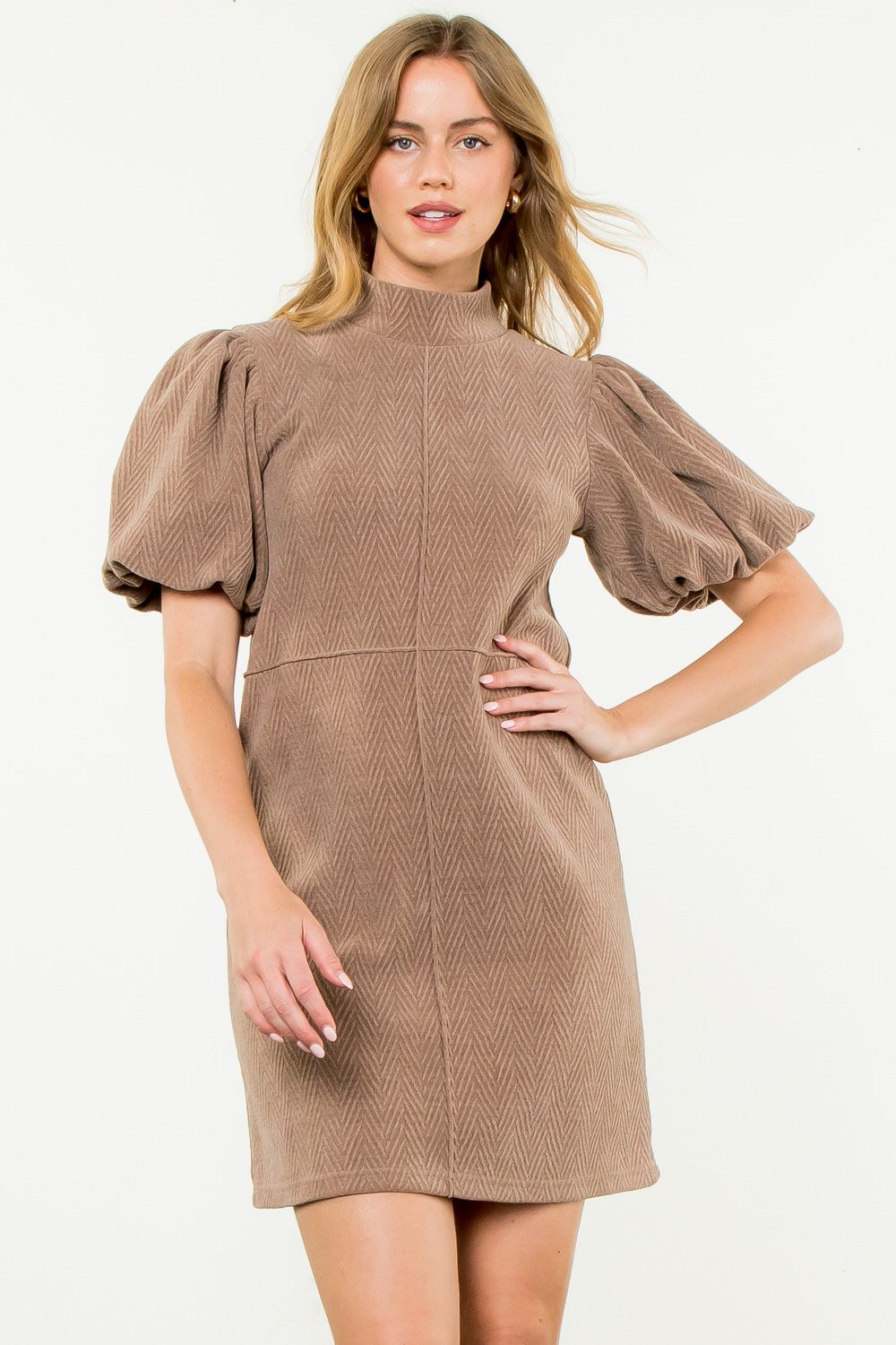 THML Charlie Puff Sleeve Corduroy Dress-Tan