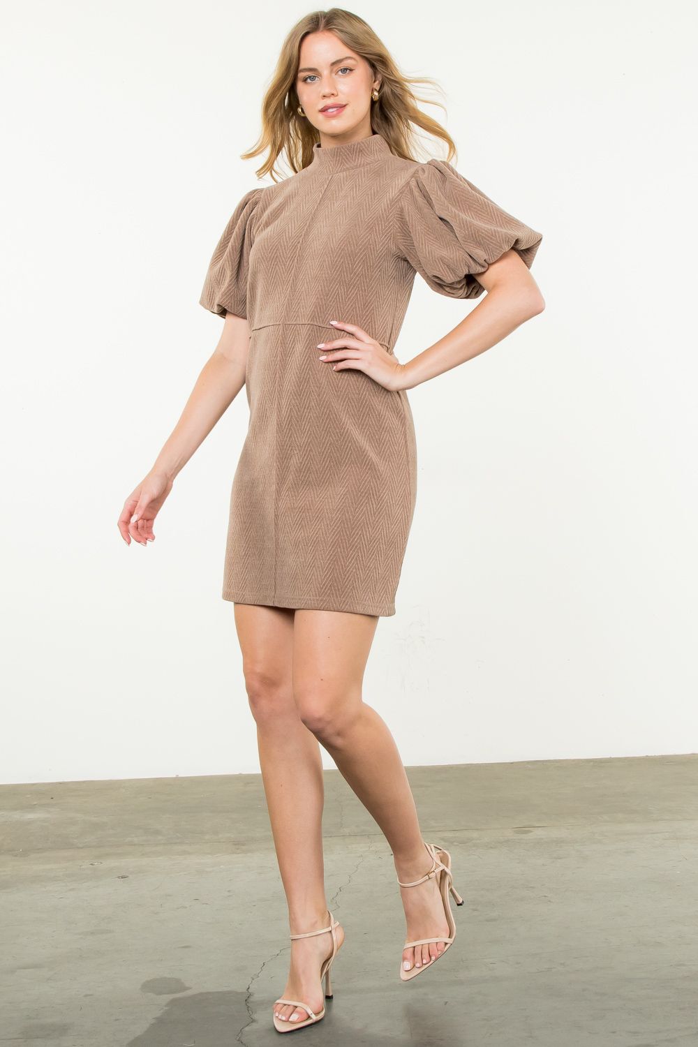 THML Charlie Puff Sleeve Corduroy Dress-Tan