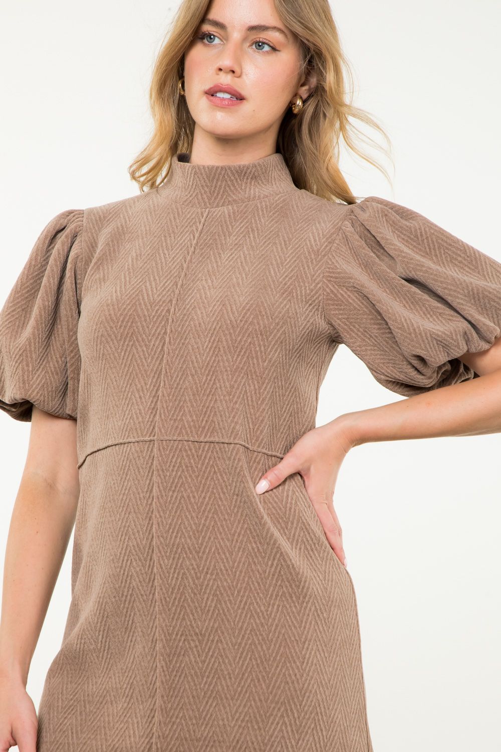 THML Charlie Puff Sleeve Corduroy Dress-Tan