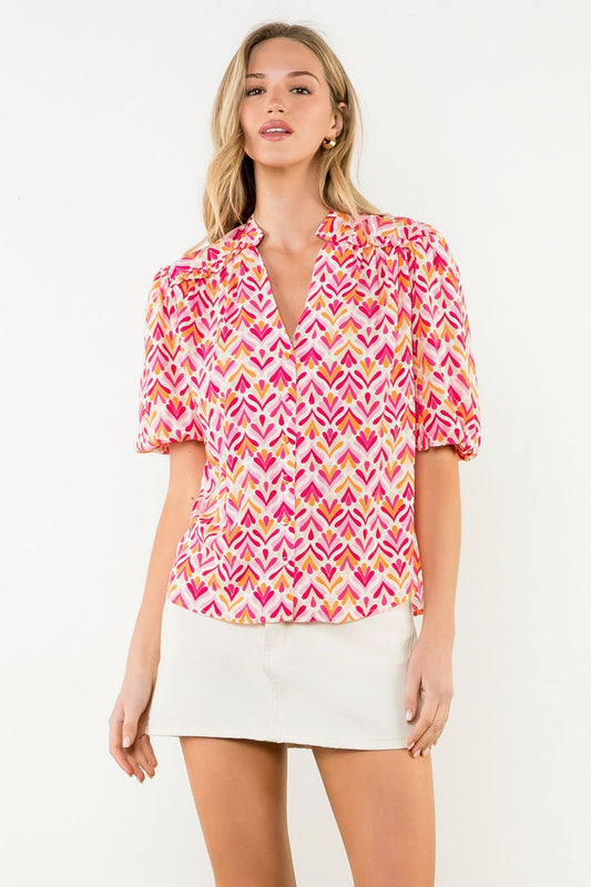 THML "Chloe" Puff Sleeve Flowy Blouse- Pink/Orange
