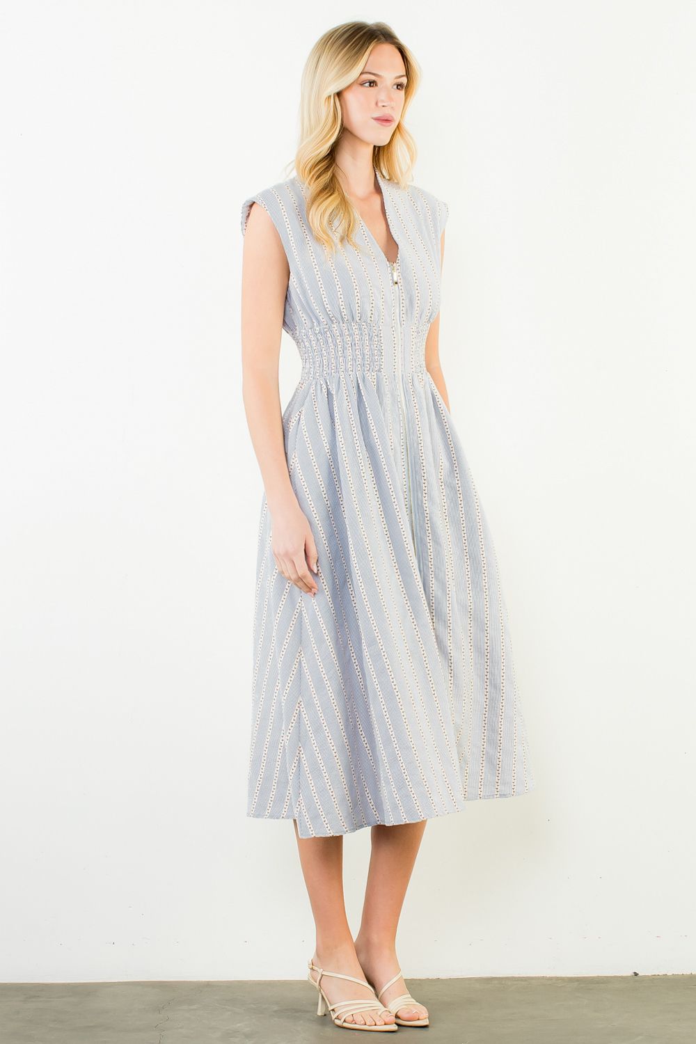 THML "Jesse" Sleeveless Striped V-Neck Dress-Blue
