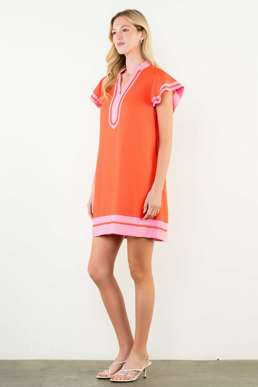 THML "Geri" Flutter Sleeve V-Neck Dress-Orange