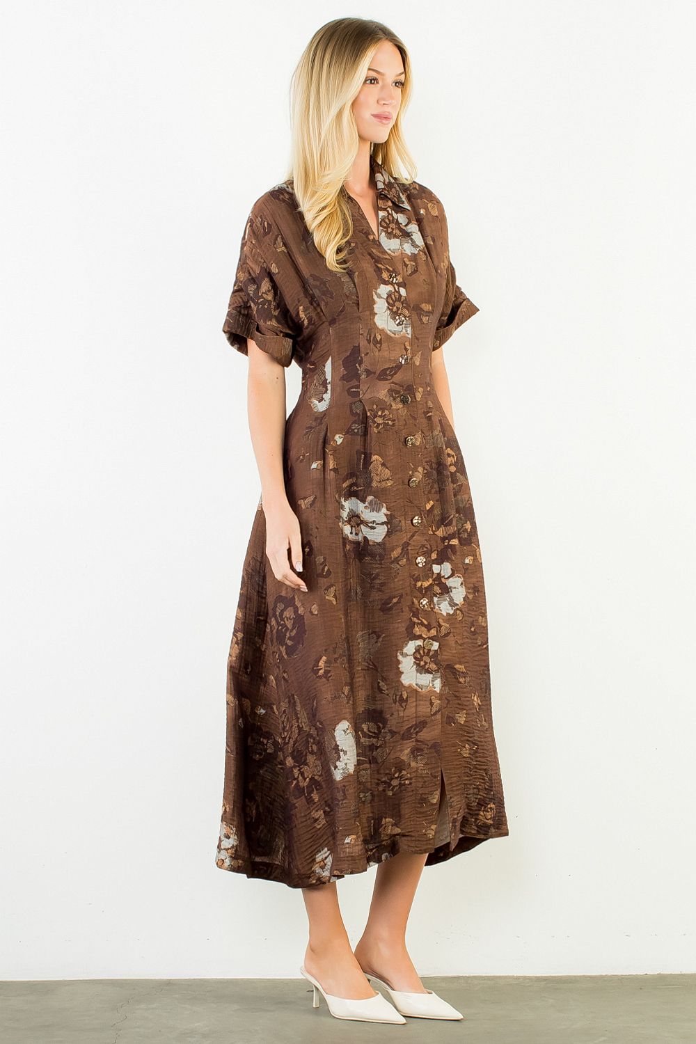 THML "Grace" Button Up Long Floral Dress-Brown