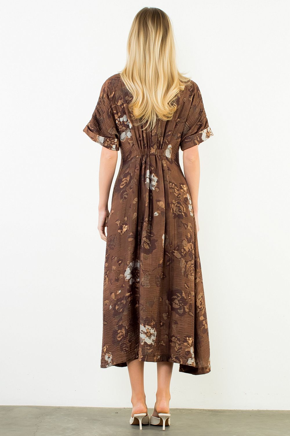 THML "Grace" Button Up Long Floral Dress-Brown